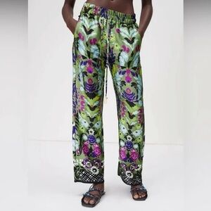 Zara Green Paisley Wide Leg Satin Pants XS